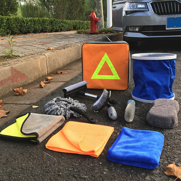 TD® Ensemble complet d'outils de lavage de voiture, serviette de nettoyage de voiture, éponge, brosse, seau, ensemble de dix pièces